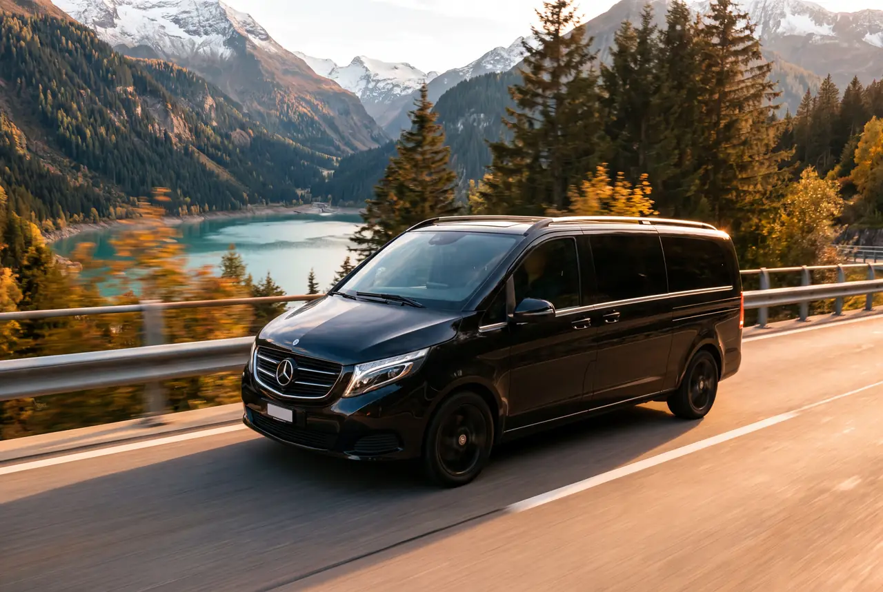 Van Mercedes sur une route panoramique au bord d'un lac alpin en automne