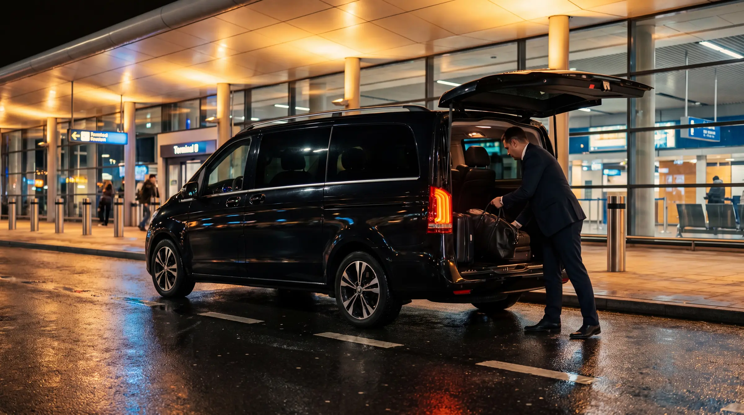 Chauffeur chargeant les bagages dans un van Mercedes à l'aéroport de nuit